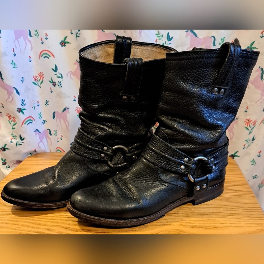 Frye Black Leather Harness Mid-Calf Combat Boots
